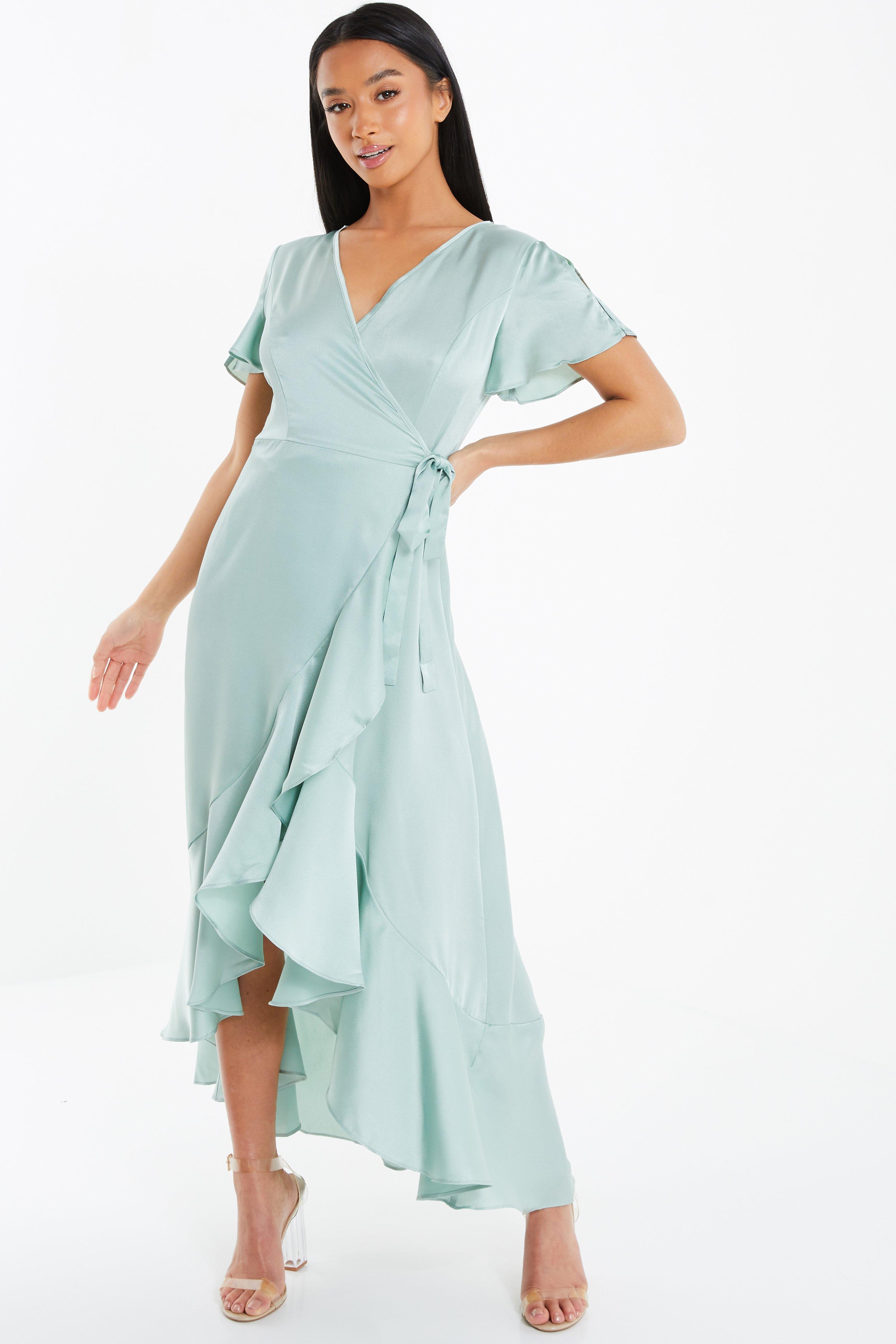 Petite Sage Satin Wrap Maxi Dress - Quiz Clothing